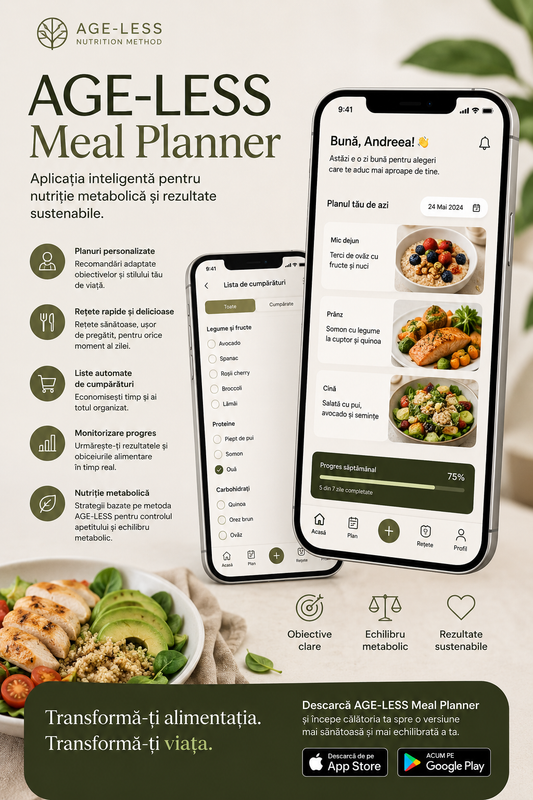 Interfața aplicației age-less meal planner pe ecran de smartphone, afișând plan alimentar și monitorizare nutrițională