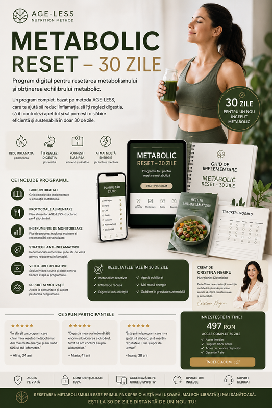 Program digital metabolic reset 30 zile de cristina negru cu design verde si alb, tabletă si materiale tipărite pentru stabiliza glicemia